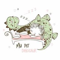 Cute girl sleeping with her pet dinosaur Cheerful picture Vector