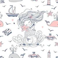 Seamless pattern with cute mermaid and sea creatures Vector