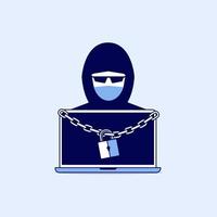 Hacker with laptop information locked with chain and padlock vector