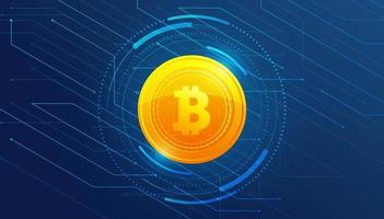 Golden Bitcoin on blue background banner template design vector