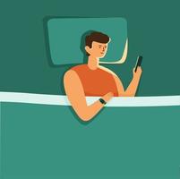 man lying alone in bed night using smartphone vector