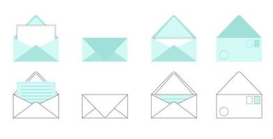 Envelopes set Postcards and letters inside Opened and closed envelope isolated on white backround Front and rear view Vector illustration