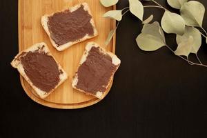 A composition of three white toasts smeared with chocolate butter photo