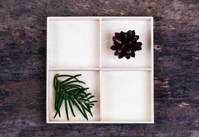 A white box with compartments on a wooden background filled with tree cone and pines photo