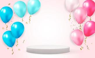 Realistic 3d white pedestal over light pastel natural background with balloons vector