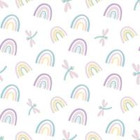 Cute rainbow and dragonfly seamless pattern. Scandinavian pattern in muted pastel colors. Hand-drawn vector illustration. Design for textiles, packaging, wrappers