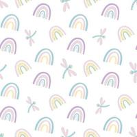 Cute rainbow and dragonfly seamless pattern. Scandinavian pattern in muted pastel colors. Hand-drawn vector illustration. Design for textiles, packaging, wrappers