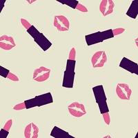 Modelo inconsútil de la moda glamorosa con lápiz labial y besos. cosmética de patrones sin fisuras en colores de moda modernos. diseño de belleza, publicidad, día de san valentín. ilustración vectorial vector