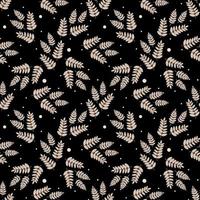 Pattern of beige leaves, twigs and twigs on a dark background. Scandinavian pattern. Hand drawn vector flat illustration
