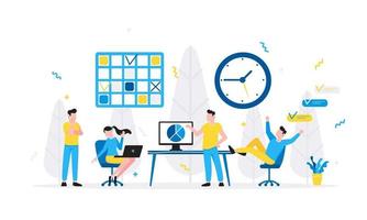 Tiny people characters working together with table and computer vector