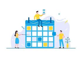 Tiny people characters working together with calendar schedule and fill out task on week schedule Teamwork and time management concept flat style design vector illustration isolated white background