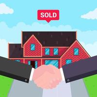 Buying new house on sale Two hands shaking big deal agreement flat style vector illustration New house behind sold for new landlord or houseowner Good partnership and successful deal concept
