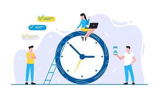 Tiny people characters working together teamwork and time management concept vector