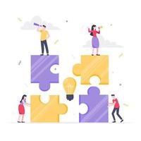 Teamwork concept with tiny people characters working together with big jigsaw puzzle pieces vector