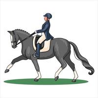 mujer de equitación montando caballo de doma en estilo de dibujos animados