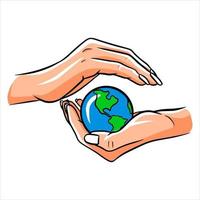 Lets protect the planet Lets save the planet Planet in hand Ecology Cartoon style vector