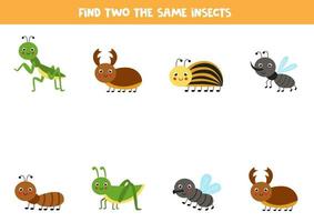 Find two identical insects Educational game for preschool children vector