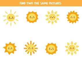 Find two identical suns Educational game for preschool children vector