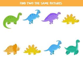 Find two identical dinosaurs Educational game for preschool children vector