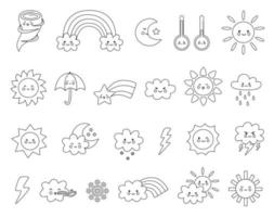 Black and white set of cute vector weather elements in cartoon style Collection of childish illustrations