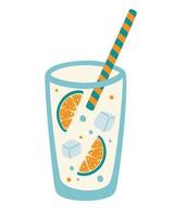 Glass of water with lemon slice and straw Lemonade with ice Concept of lemon water Cool drink Genuine pleasure on a hot day Lemon juice Flat vector illustration