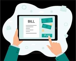 Vector illustrations Hands holding a tablet with the payment of bills Payment for utilities banks online purchases flights restaurants and other things