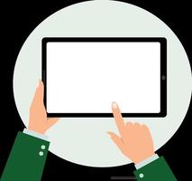 Mens hand holding a tablet Working with a tablet Vector illustration