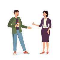 A man with a cup of coffee and a woman in a suit are talking Working or friendly meeting Happy people communicate and encourage each other vector