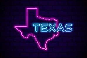 Texas estado de EE. UU. resplandeciente lámpara de neón letrero ilustración vectorial realista pared de ladrillo azul