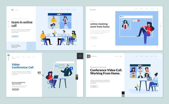 Plantillas de diseño de páginas web de videollamadas y reuniones en línea. vector