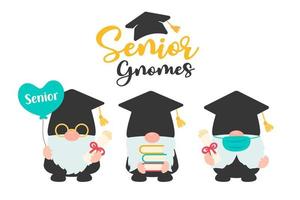 Clase de 2021 gnomos sosteniendo un diploma de graduación senior aislar sobre fondo blanco. vector