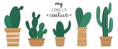 conjunto de cactus que crecen en macetas aisladas sobre fondo blanco una colección de hermosas decoraciones naturales para el hogar colorida ilustración vectorial vector