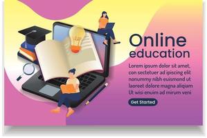 little girl reading book and girl with laptop and text online eaducation online wedsite design vector