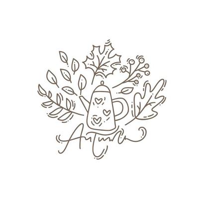 Vector illustration of greeting card with monoline calligraphy Autumn text. Hand drawn teapot with leaves isolated on white background. Perfect for seasonal holidays, Thanksgiving Day