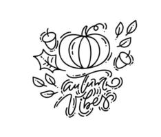 Vector illustration of greeting card with monoline calligraphy Autumn Vibes text. Hand drawn pumpkin and leaves isolated on white background. Perfect for seasonal holidays, Thanksgiving Day