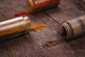 Chilli colorful powder spices scattered from bottle on wooden background photo