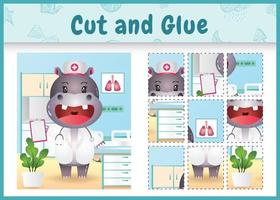 Children board game cut and glue with a cute hippo using costume nurses vector