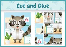 Children board game cut and glue with a cute raccoon doctor character illustration vector