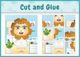 Children board game cut and glue with a cute lion doctor character illustration vector