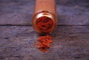 Chilli colorful powder spices scattered from bottle on wooden background photo
