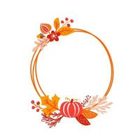 Vector frame autumn bouquet wreath. orange leaves, berries and pumpkin isolated on white background. Perfect for seasonal holidays, Thanksgiving Day