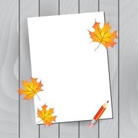 Sheets of paper on wooden background. Vector illustration autumn. Red pencil. Back to school backdrop