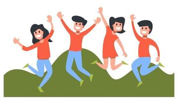 Group of young joyful jumping and dancing people with raised hands vector