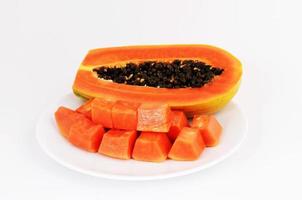 Delicious papaya fruits on dish Isolated on white background photo