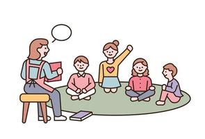 The teacher is teaching and the children are sitting and listening. flat design style minimal vector illustration.