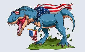 dinosaurio t rex enojado azul con bandera estadounidense y gafas de sol de estados unidos día de la independencia 4 de julio y día conmemorativo vector