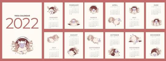 Calendar 2022 planner with all months  Yoga for Pets  Set of templates for 12 months 2022 with cute sheep meditating vector