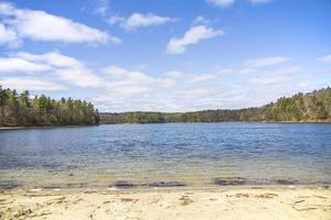 Dirt path on the side of a beautiful lake in the spring photo