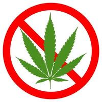 NO marijuana symbolic sign red circle green leaf white background vector illustration