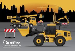 Construction Vehicles Set with Building Background Vector Illustration